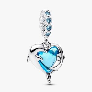 S925 Sterling Silver Blue Murano Glass Dolphins Dangle Charm - NWT